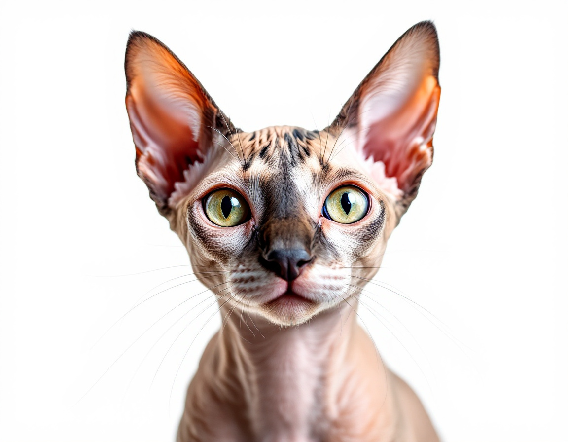 Close-up portrait of cat on a white background, with its alert expression and intricate details of its fur and whiskers in sharp focus.